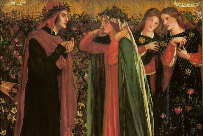 Particolare del saluto di Dante a Beatrice, realizzato da Dante Gabriel Rossetti